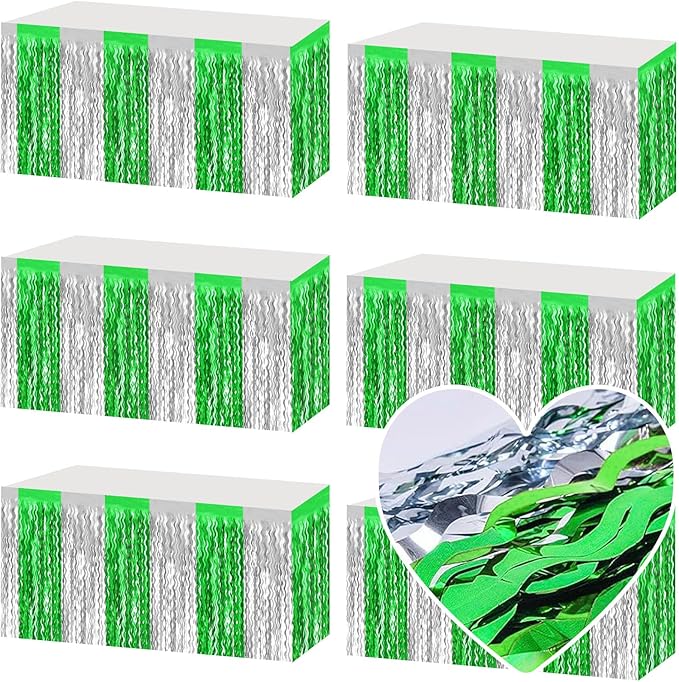 6 Pack 29x108 Inch Silver Green Wave Foil Fringe Table Skirts Metallic Banner for Tinsel Streamer Garland Backdrop for Parade Floats Wedding, Mother's Day, Birthday Mardi Gras Party Decorations