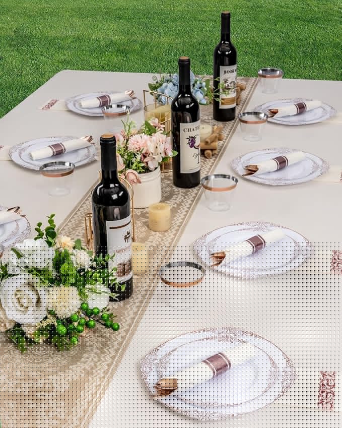 Goodluck 350 Piece Rose Gold Plastic Dinnerware Set for 50 Guests,Fancy Disposable Plates,Include: 100 Rose Gold Rim Plastic Plates,150 Silverwares,50 Pre Rolled Napkins,50 Cups for Party,Wedding