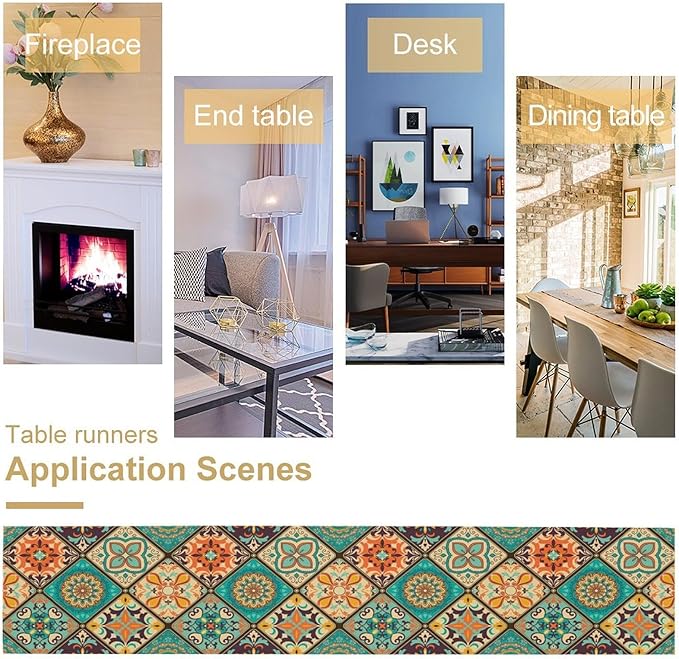 Bohemian Patchwork Table Runnerboho Colorful Tile Patchwork Indian Floral Print Table Runner for Home Kitchen Indoor Outdoor Party Wedding Decor, 13x70inch