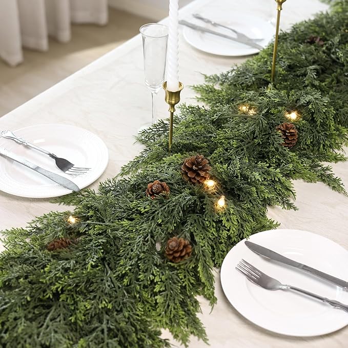 Real Touch Cedar Garland - Artificial Christmas Garlands Faux Green Cedar Fake Pine Needles Garland for Fireplace,Table, Stairs, Mantle, Window,Indoor Outdoor,Home,Holiday Decor(2 PCS,9 FT)