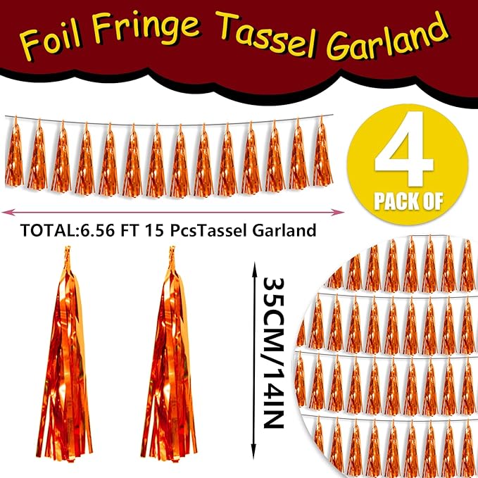 4P Metallic Fringe Tassel Banner Garland Foil Tinsel Streamer Wall Hanging Curtain Backdrop Banner for Parade Floats, Halloween Decorations, Christmas Day, Fall, Thanksgiving Party Decoration(Orange)