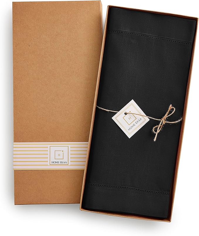 Black Table Runner 48 Inch – Cotton Linen Hemstitch Farmhouse Table Runner 14x48 – Washable Fabric for Fall, Halloween, Thanksgiving, Everyday Dining & Décor – Serena