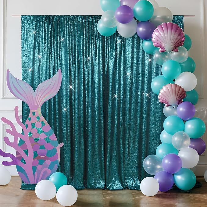 SquarePie Sequin Backdrop Less Transparent Background Sparkly Curtain for Wedding Party 6FT x 6FT Teal