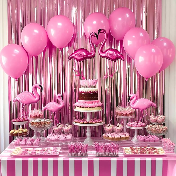 PartyWoo Pink Streamers Tinsel Backdrop Curtain 3pcs 8.2ft Foil Fringe Curtain for Baby Shower Bridal Shower Wedding Pink Cheetah Princess Girl Pajama Theme Birthday Party Celebration Decorations