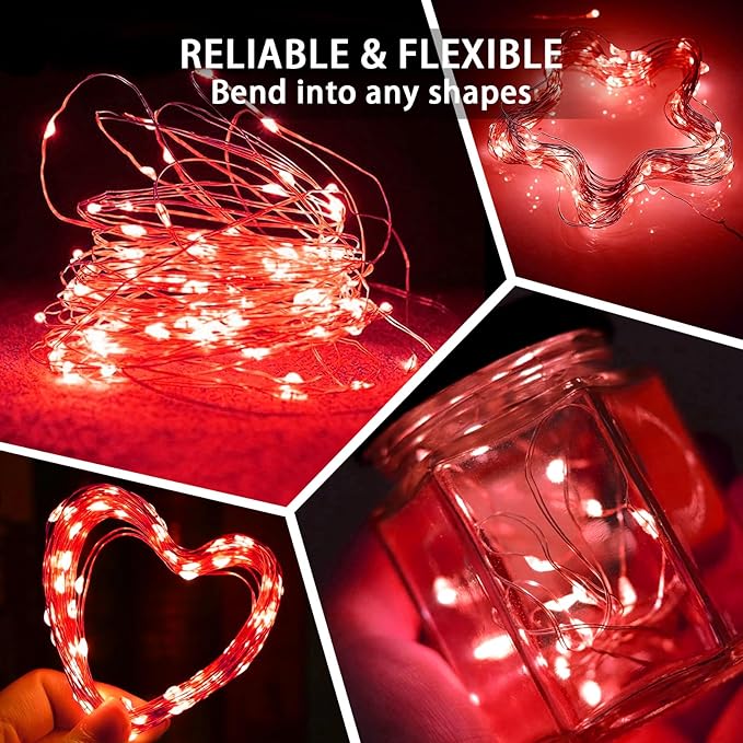 12 Pack Red Fairy Lights 7Ft 20 LED Twinkle String Lights 3 Modes Battery Operated Waterproof Firefly Starry for Mason Jar Party Wedding Christmas Valentines Day Table Centerpieces