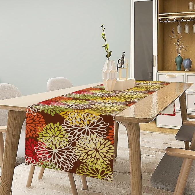 Brown Dahlia Floral Table Runner, Seasonal Autumn Thanksgiving Pattern Print for Home Kitchen Table Decor Dining Coffee Room Party Decor 13x36 Inch