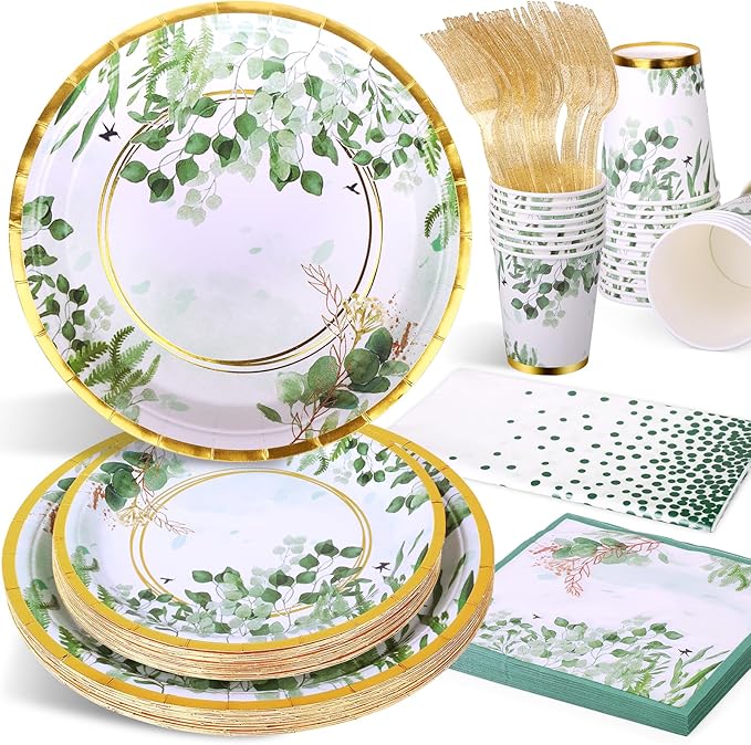 Sage Green Party Decoration, 126PCS Sage-Green Plates and Napkins Party Supplies, Spring Greenery Eucalyptus Leaves Disposable Dinnerware Decor for Wedding Birthday Baby Shower