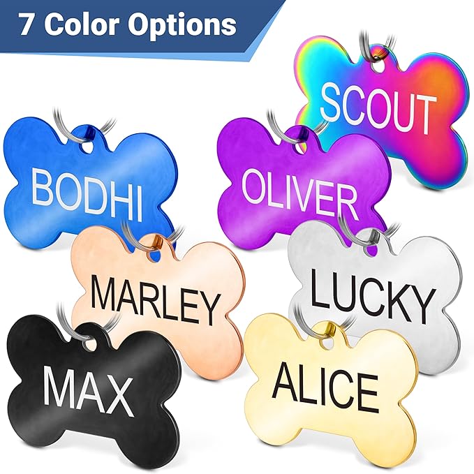 GoTags Stainless Steel Pet ID Tags, Personalized Dog Tags and Cat Tags, up to 8 Lines of Custom Text, Engraved on Both Sides, in Bone, Round, Heart, Bowtie and More (Bow Tie, Regular (Pack of 1))