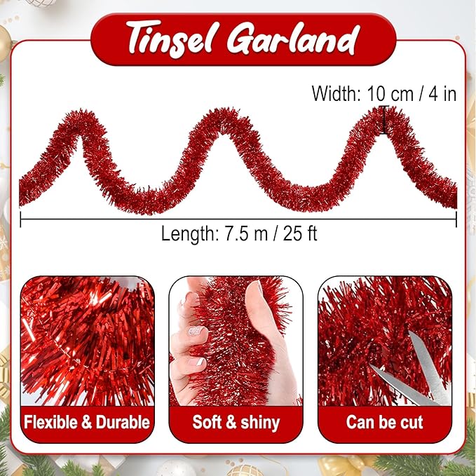 25 Feet Red Christmas Tinsel Garland, Metallic Foil Twist Banner Wall Hanging Tinsel Streamers Backdrop for Parade Floats, Christmas, Mother's Day, Birthday Party Decorations(4in x 25ft)