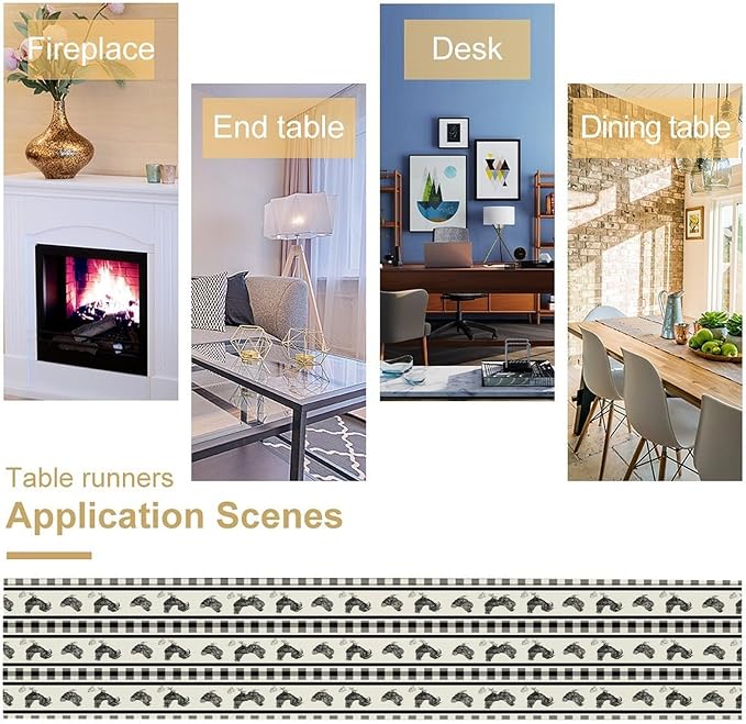 Rooster Table Runner,Farmhouse Animal Vintage Chicken Black White Plaid Check Tablecloth Burlap for Hotel Indoors Outdoor Dining Room Kitchen Home Decor,W13X L108 in