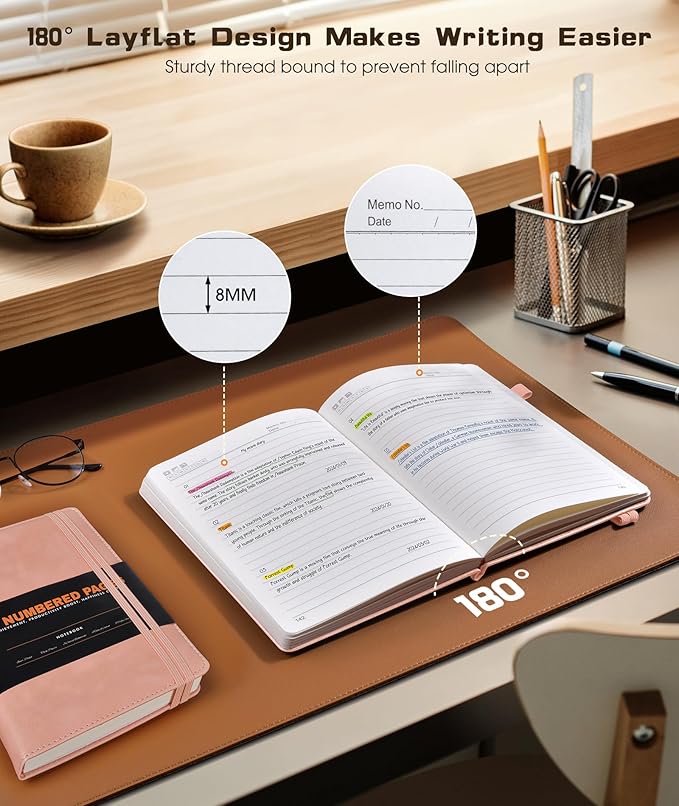Lined Journal Notebook for Women Men, 256 Numbered Pages Hardcover Leather Journals for Writing, A5 Journaling Notebooks, College Ruled Journal for Business Work School 5.75" x 8.38" Pink leather
