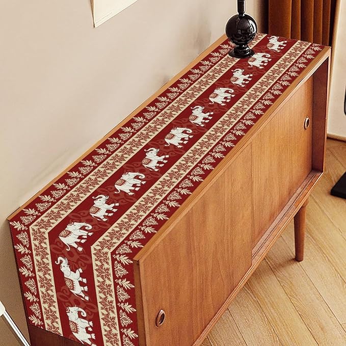 Boho Elephant Table Runner, Vintage Tribal Traditional African Animals Ethnic Folk Red Table Center Decor for Home Kitchen Dining Patio Holiday Party Indoor Outdoor Table Decorations, 13"x90" Inch