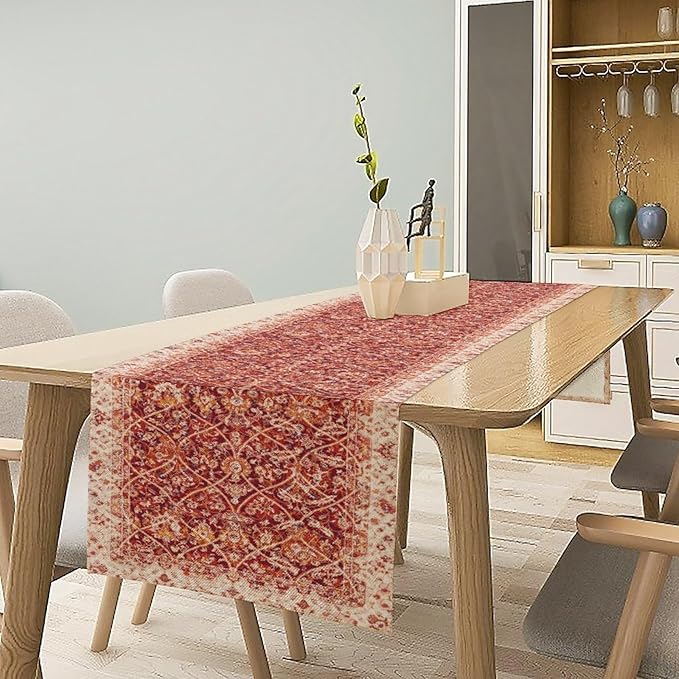 Boho Floral Vintage Table Runner, Retro Red Flower Rustic Country Farmhouse Abstract Pattern for Home Kitchen Table Decor Dining Coffee Room Party Decor 13x90in