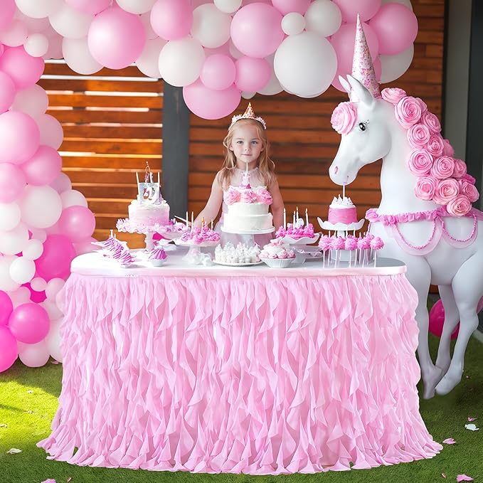PARTISKY Pink Tulle Curly Willow Table Skirt for Rectangle Table 17ft, Ruffle Tutu Table Cloth for Girls Baby Shower,Birthday Party Candy Cake Tables