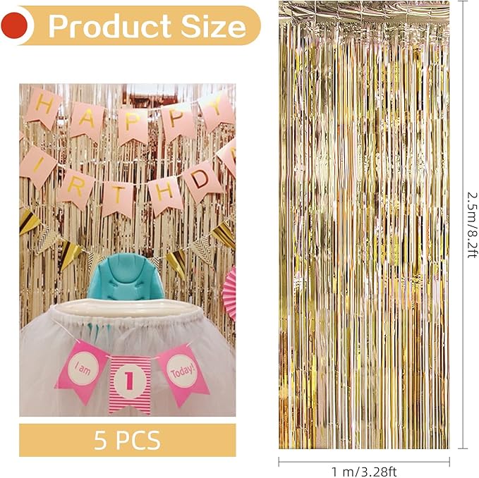 5 Pack Champagne Gold Fringe Curtains (3.2ft x 8.2ft) for Birthday, Wedding, Christmas Decoration