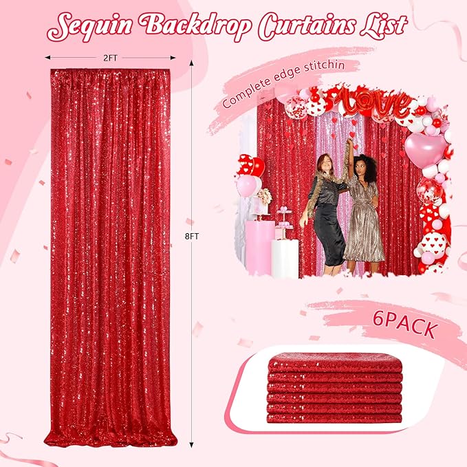 Sparkly Backdrop Curtains 6 Pcs 2ftx8ft Red Curtains Birthday Party Backdrop Sequin Fabric Christmas Decorations