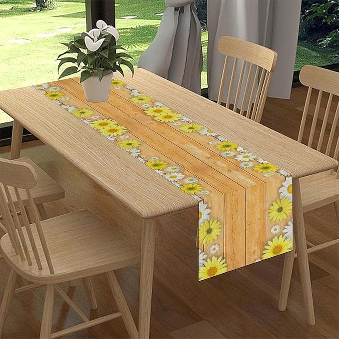 Farmhouse Floral Table Runner, Spring Seasonal Yellow Daisy Sunflower Retro Wooden Country Table Center Decor for Home Kitchen Dining Patio Holiday Party Table Decorations, 13"x36" Inch