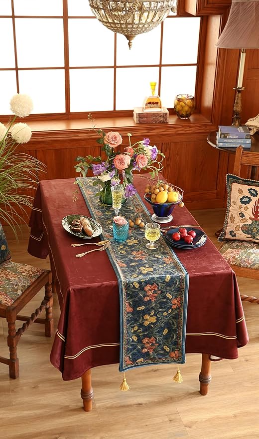 patdrea Designer Casual Wild Floral Velvet Table Runner 71 Inch Long, Dark Blue Occult Bouquets Pattern Table Mat, Decoration for Kitchen Dining Coffee Table Cabinet Banquet Thanksgiving,12"*71"