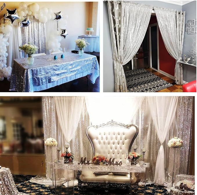 Poise3EHome 5FT x 7FT Silver Sequin Photography Backdrop Curtain for Party Decoration, Silver