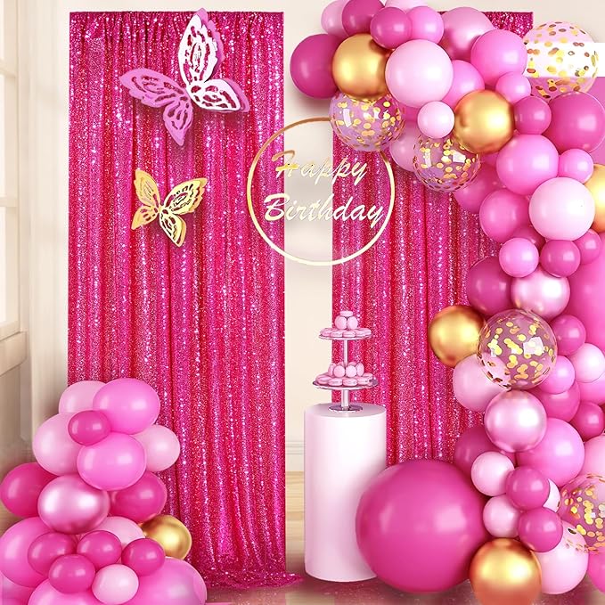 Fuchsia Sequin Backdrop Drapes 4 Panels 2FTx8FT Glitter Backdrop Curtains for Wedding Party Stage Decorations