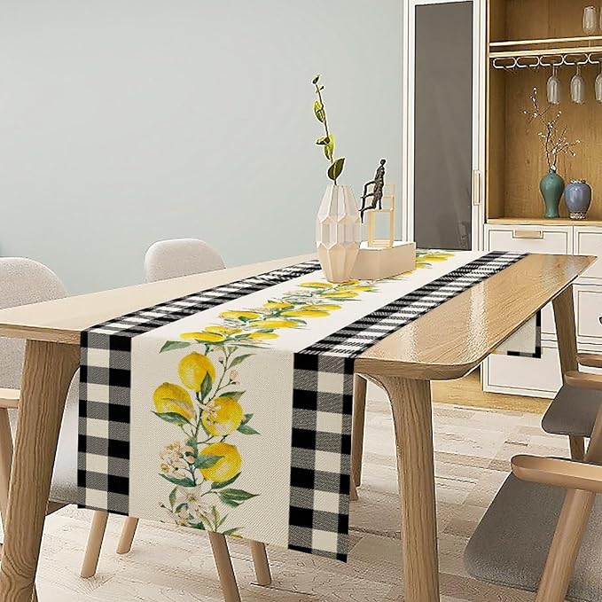 Lemon Table Runner,Black Buffalo Plaid Lemon Table Runner Farmhouse Style Spring Summer Home Kitchen Dinding Room Table Decoration 13x108 Inch