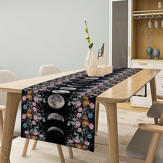 Boho Floral Moon Table Runner, Spring Flower Leaves Mystical Gothic Sun Moon Table Runner for Kitchen Dining Table Home Party,13x120 Inch Purple