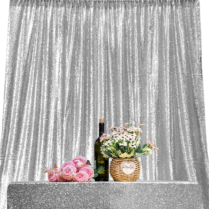JYFLZQ Silver Sequin Backdrop Curtains 2ft x 8ft 2 Panel Glitter Photo Booth Backdrops Sparkly Photography Background Drapes for Parties Wedding Bridal Showers