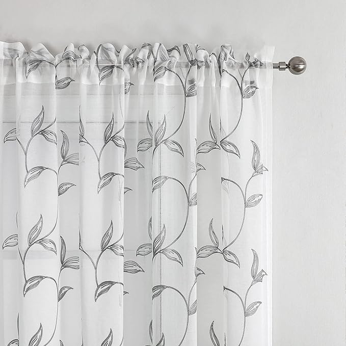 VISIONTEX Sheer Curtains 72 Inch Length 2 Panels, Decor Iron Grey Vine Leaves Embroidery on White Voile Pair, Accent Semi Window Drapes for Kitchen, Living Room and Bedroom, 54" W x 72" L