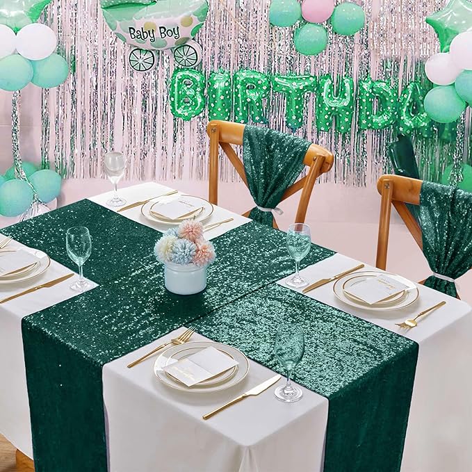 Sequin Table Runners 2 Pieces Emerald Green Table Runners 12x72 Inch Glitter Dining Table Cover for Party Wedding Birthday Reception Banquet Decoration Spring Party Chair Sashes