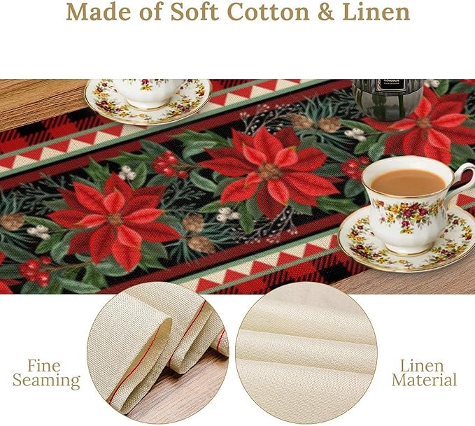 Christmas Table Runner,Seasonal Winter Xmas Holiday Plaid Table Cloth Kitchen Dining Table Decoration for Home Party Decor 13x60 Inch