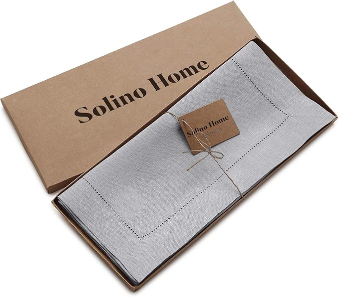 Solino Home Linen Soft Grey Table Runner 108 Inches Long - 100% Pure Linen 14 x 108 Inch Table Runner for Fall, Autumn, Thanksgiving, Christmas - Classic Hemstitch