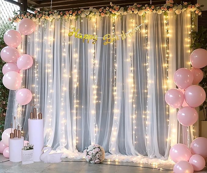 10ft x 10ft White Tulle Backdrop Curtain with Lights String for Parties Wedding Bridal Shower Sheer White Curtain Backdrop for Birthday Baby Shower Photo Booth Background Decorations