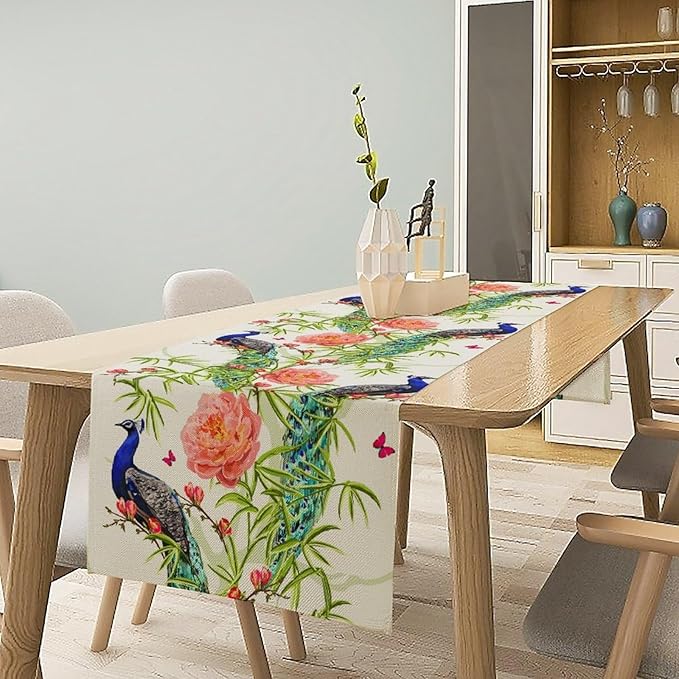 Peacock Table Runner,Seasonal Flower Plants Peacock Birds Table Runner for Home Kitchen Dining Party Indoor Outdoor Decoration 13x120 Inch