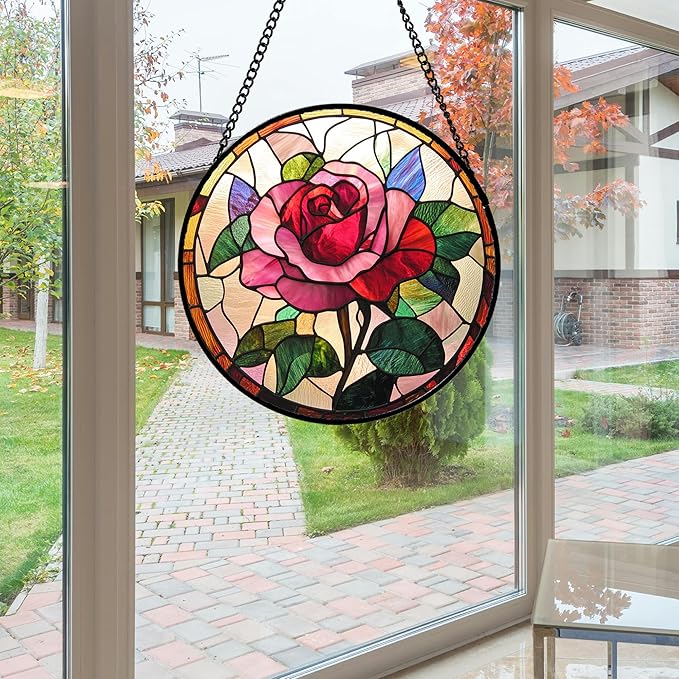 Stained Glass Window Hanging - Pink Rose Suncatcher for Door Garden Home Decor Birth Flower Sun Catcher Christmas Birthday for Friend Lovers Women Mom Nana 6.3 in