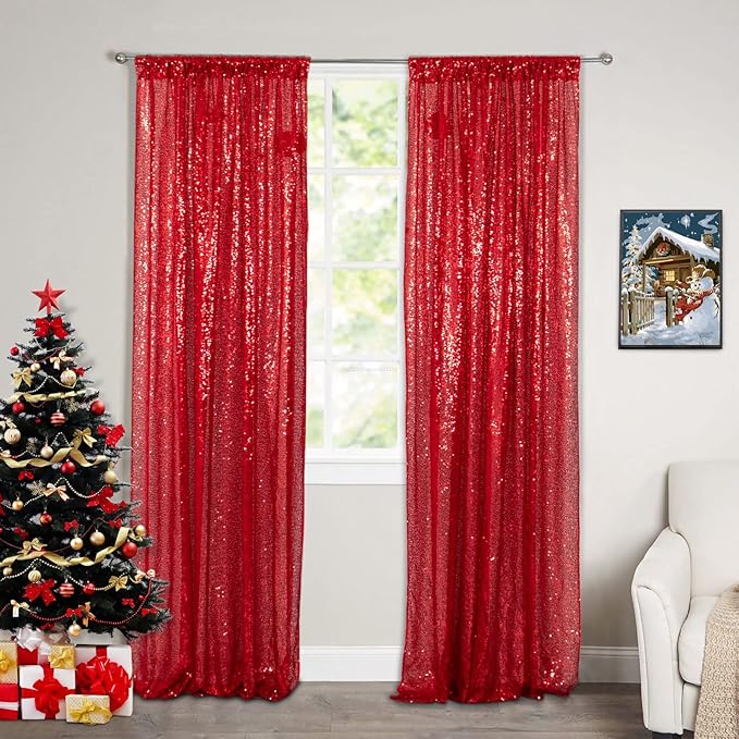 ShinyBeauty Sequin Curtains 2 Panels Red 2FTx8FT Sequin Photo Backdrop Red Sequin Backdrop Curtain Pack of 2-1011E