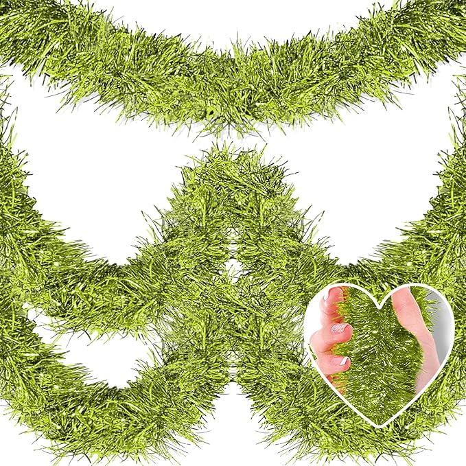 25 Feet Metallic Twist Tinsel Garland - Wall Hanging Backdrop for Parade Floats, Christmas Eve, New Year, Valentine's Day Parties (Light Green, 4in x 25ft)