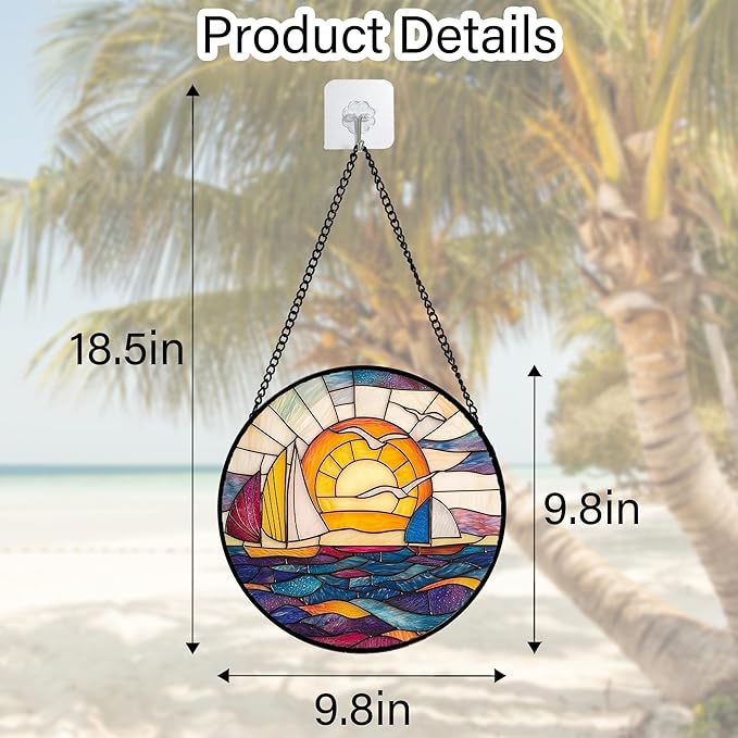 Stained Glass Window Hanging, Sailboat and Waves Suncatcher Diamond Glass Panel Hangings Sun Catchers Decor for Birthday for Women, Men, Wife, Aunt, and Mom 9.8 in