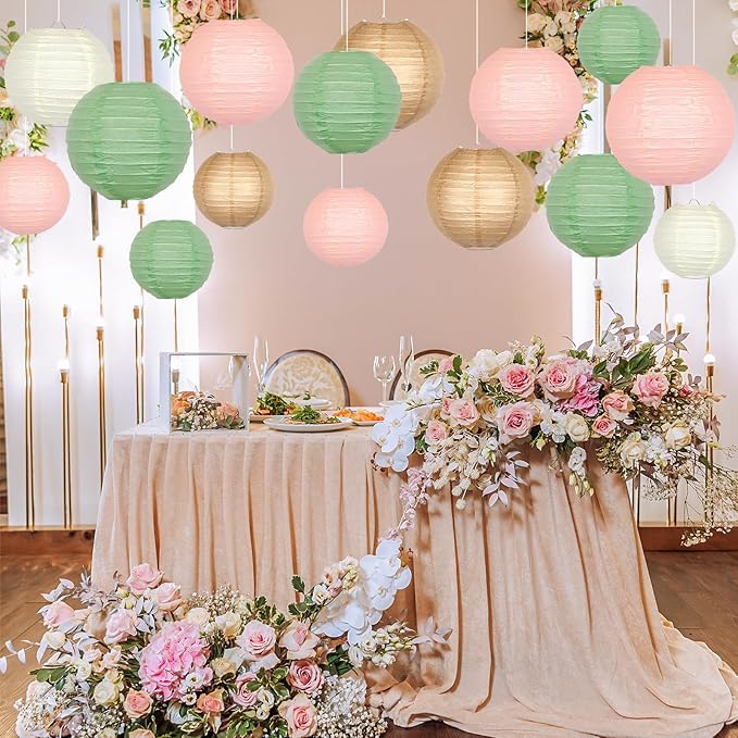 ADLKGG Paper Lanterns Party Decorative, Round Hanging Paper Lanterns Wedding Decorations for Sage Green Bridal Shower Birthday Rustic Party Neutral Baby Shower Home Decor Sage Green/Pink/Brown 21pcs