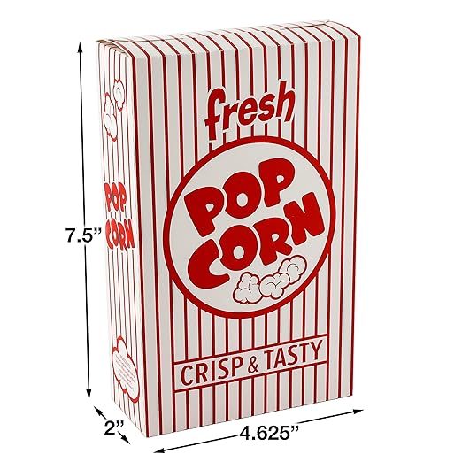 Snappy 3J Red & White Striped Close Top Popcorn Boxes for Movie Night Supplies, Popcorn Boxes Bulk 500 Count, Movie Night Popcorn Boxes 1.25 oz. Capacity, 4.625" x 2" x 7.5" Popcorn Containers