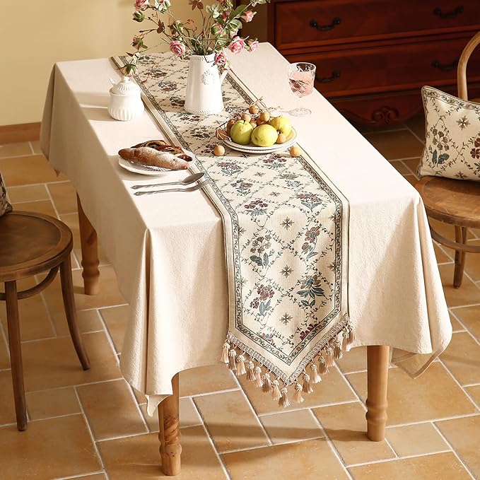 patdrea Designer Vintage Floral Linen Extra Long Table Runner 118 Inch Long,Beige Cottage Rustic Bouquets Pattern Table Mat,Decor for Kitchen Dining Coffee Table Cabinet Thanksgiving,12"*118"