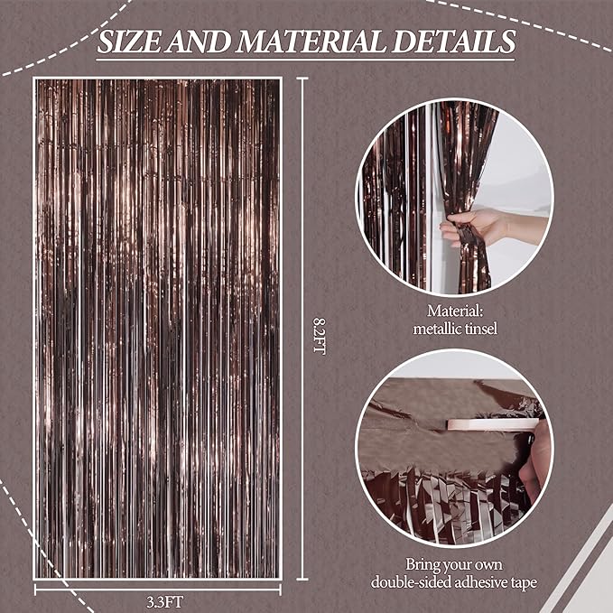 3 Pack Foil Fringe Backdrop - Brown Shiny Tinsel Curtains for Party Decoration/Photo Booth Props - 3.3x8.2 FT Metallic Foil Backdrop for Birthday, Wedding, Graduation, Christmas.