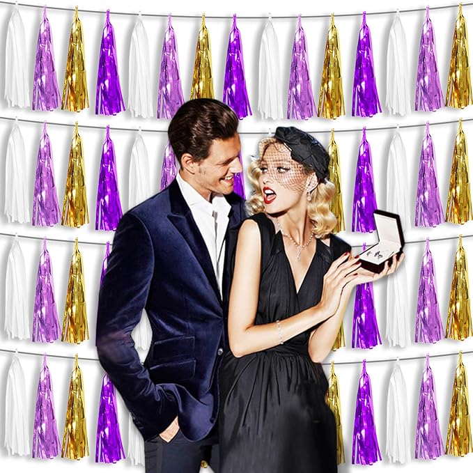 4P Purple-Gold Foil Fringe Tassel Banner Garland Metallic Tinsel Streamers Wall Hanging Curtain Backdrop Banners for Parade Floats, 2024 Graduation Decorations, Wedding Party Decoration
