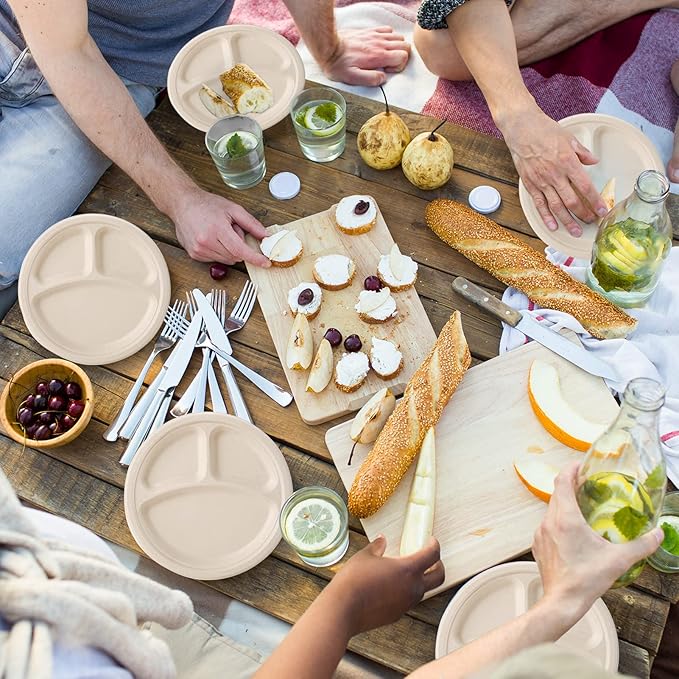 ECOLipak 125 Pack Compostable 3 Compartment Plates, 8.85 inch Heavy-Duty Disposable Paper Plates, Eco-Friendly Biodegradable Sugarcane Bagasse Divided Plate for Dinner