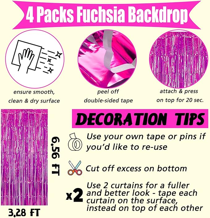 4 Pack Fuchsia Fringe Curtain Backdrop, 3.2Ft x 6.6Ft Metallic Tinsel Foil Fringe Streamers Curtains Background for Photo Booth Birthday Wedding Baby Shower Party Thanksgiving Christmas Decorations