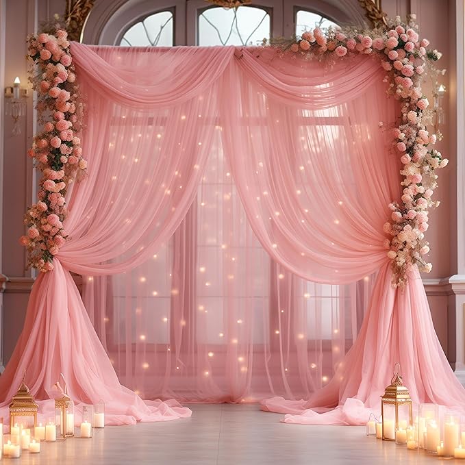 30×10ft Dusty Rose Tulle Backdrop Curtain with Lights String for Parties, Sheer Photo Backdrop Curtains for Wedding Party Photography Background