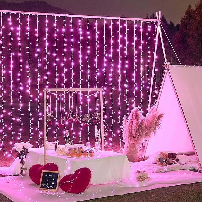 JMEXSUSS 300 LED Curtain Lights Plug in with Remote, 9.8X9.8FT Pink Christmas Lights Indoor, 8 Modes Pink String Lights for Bedroom Window Wall Party Backdrop Xmas Valentine Decorations