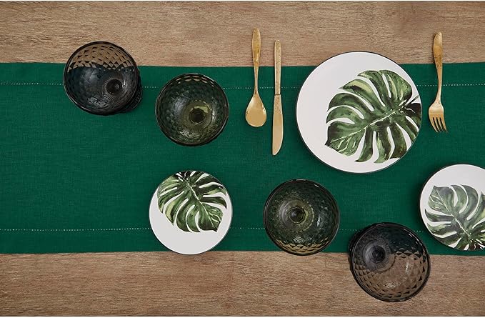 Solino Home Linen Rainforest Green Table Runner 132 Inches Long - 100% Pure Linen Extra Long Table Runner 14 x 132 Inch for Fall, Autumn, Thanksgiving - Classic Hemstitch