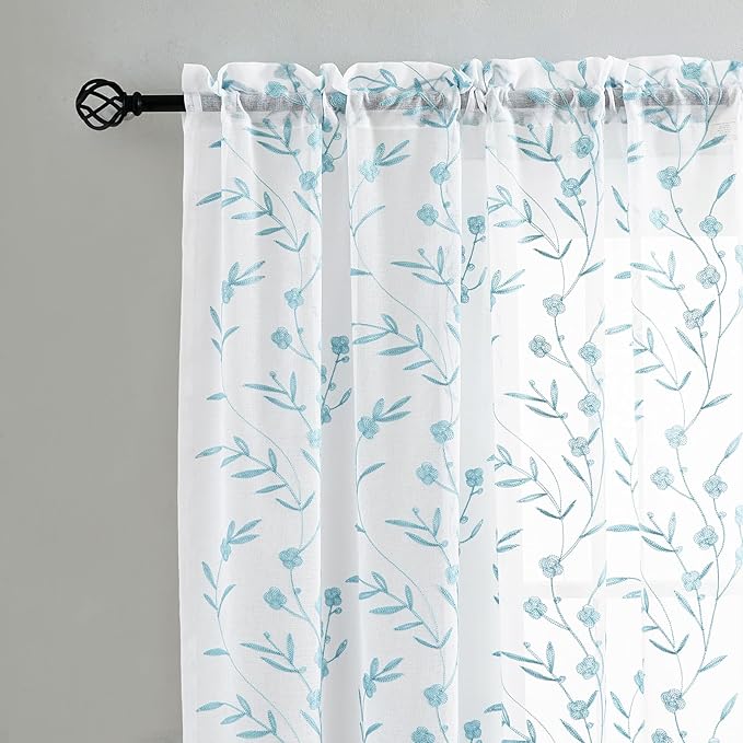 Sheer Curtains Floral Embroidery White-Blue 84 Inch Long Rod Pocket Lace Drapes for Living room, Bedroom, 2 Panels, 52"x84", Semi Voile Pattern Outdoor Window Treatment Sets for Yard, Patio, Parlor.