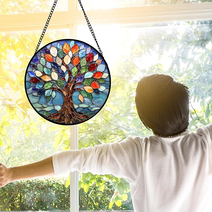 Stained Glass Window Hanging, Colorful Tree of Life Sun Catchers Glass Panel Blue Suncatcher Decor for Birthday for Women, Men, Wife, Aunt, and Mom 7.8 in