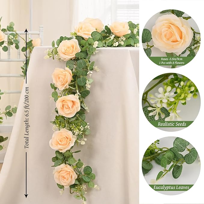 Dolicer 2Pcs 13Ft Artificial Eucalyptus Garlands with Flowers - 8 Roses, Faux Floral Greenery Garlands Fake Flowers Vines for Wedding Table Centerpieces Arch Party Ceremony Backdrop Decor (Champagne)
